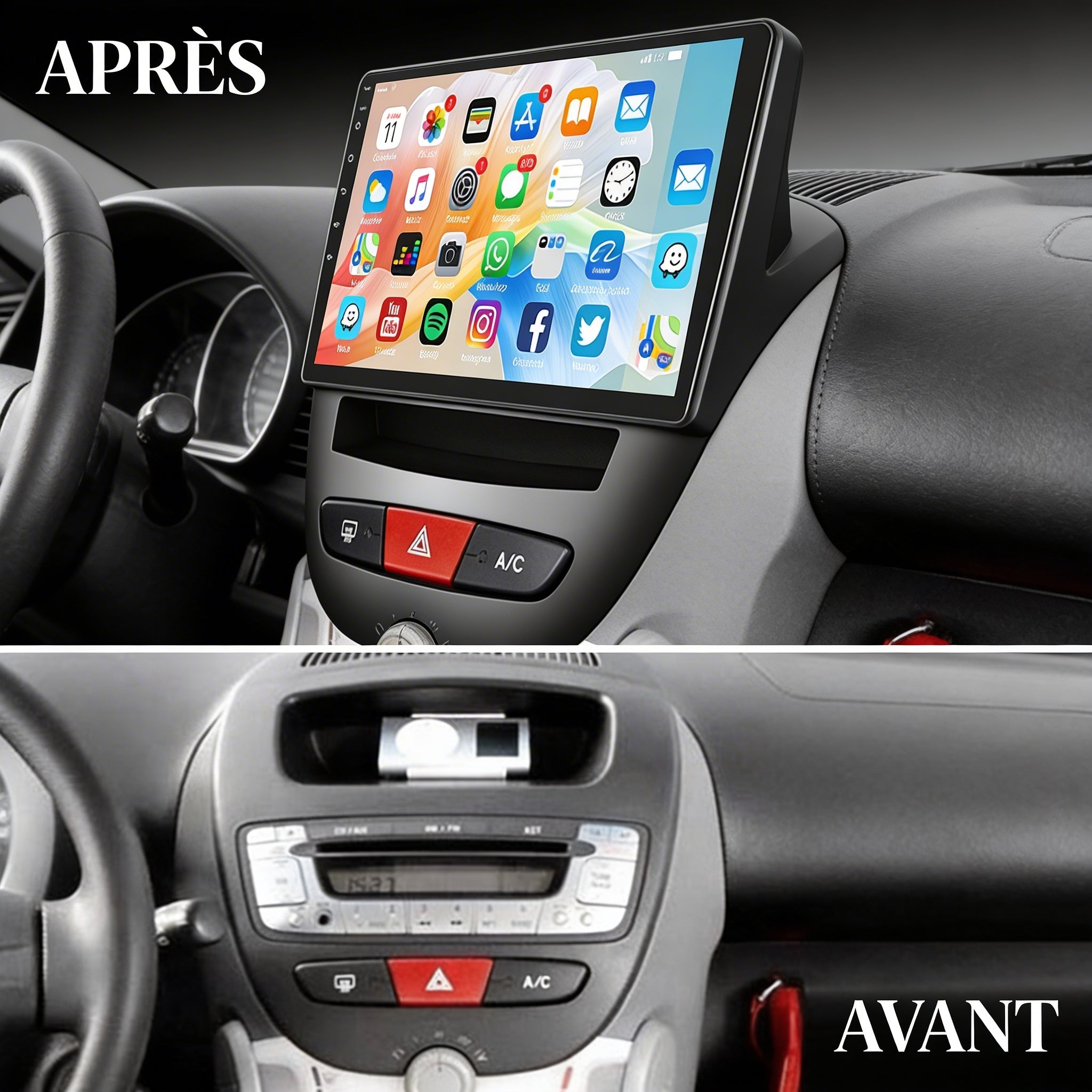 Ecran Apple CarPlay Android Auto Toyota Aygo, Peugeot 107, Citroen C1 (2004-2014)